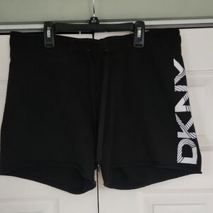 DKNY Black Athletic Drawstring Logo Shorts with White Side Print